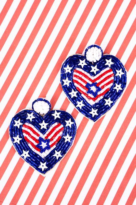 Patriotic Heart Seed Bead Earrings