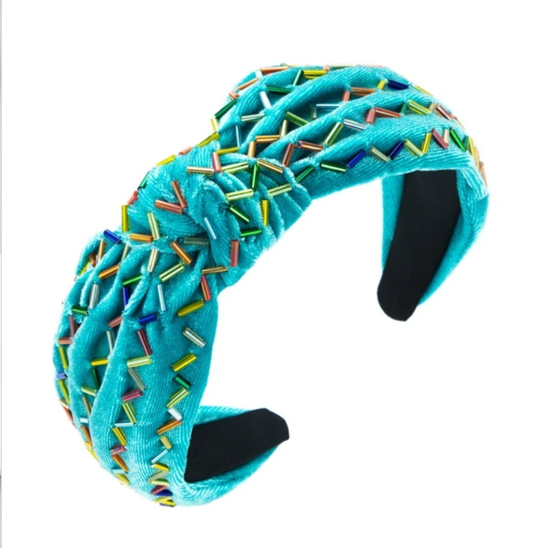 Turquoise Velour Criss Cross Bead Headband